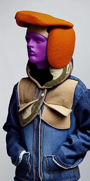 Brunette she. average body type. Mantle is sewed of recycled Denim and sewed together of camouflage pieces. Camouflage colors are orange,terracotta, cream and purple. It is with big bright purple felt tippet and cream-colored-hood. mantle is merged with satchel. . AKG-style headphones (gold rings!) is merged with small felt cap with small visor. Style: Haute Couture in 1936, Paris fashion in 2023, inspired by street art. Cream latex gaiter. Her head and rest body!