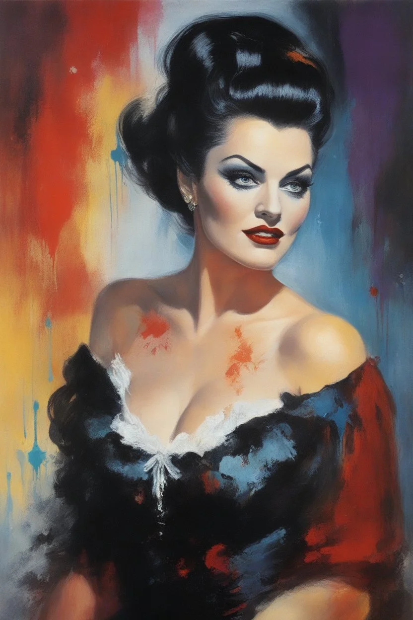 Yvonne De Carlo as Dracula - with a single white streak in her hair, extremely colorful, multicolored paint splattered wall in the background, oil painting by Frank Frazetta