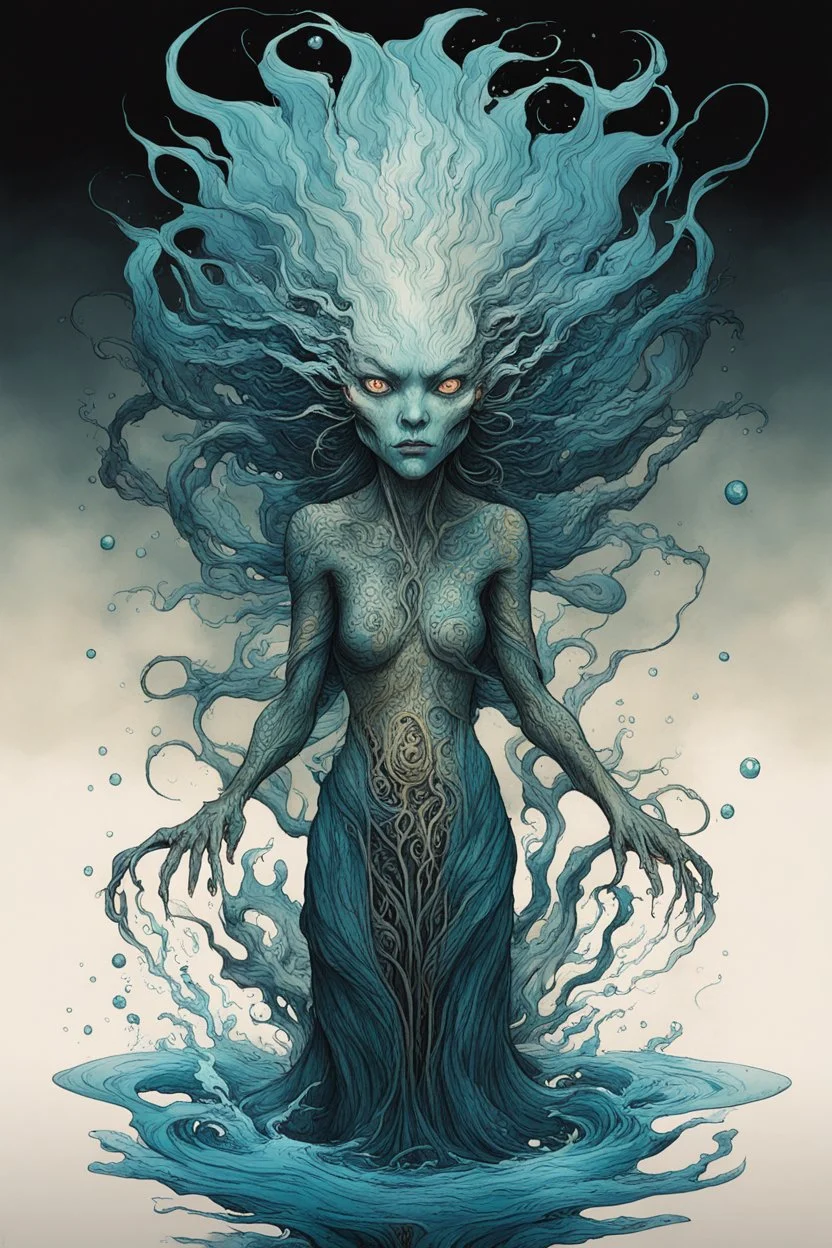 front facing full body illustration of an aged, malevolent shape shifting female Funayurei water spirit with highly detailed facial features and skin textures, in the style of Alex Pardee , Jean Giraud Moebius, and Katsushika Hokusai, highly detailed, boldly inked, deep murky aquatic color