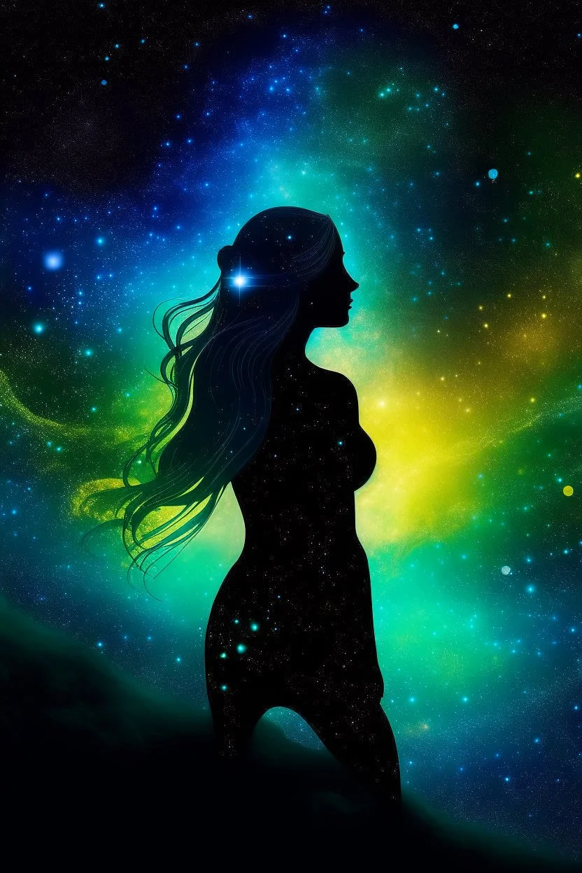 Cosmic Elements and Female Spirituality The current is colored in different shades of blue, green, and yellow, creating a dynamic and powerful effect. The girl's silhouette is outlined by cosmic elements, such as stars and planets, which add to the fantasy-like atmosphere. The background is set against a galaxy background, adding a sense of space and adventure. The photo is taken with a high-resolution 4K cam