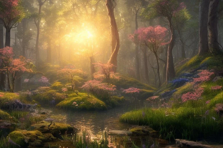 lightning sparkling flowers in floating glass balls, in forest, on lakeside in sunshine detailed matte painting, deep color, fantastical, intricate detail, splash screen, complementary colors, fantasy concept art, 8k resolution trending on Artstation Unreal Engine 5