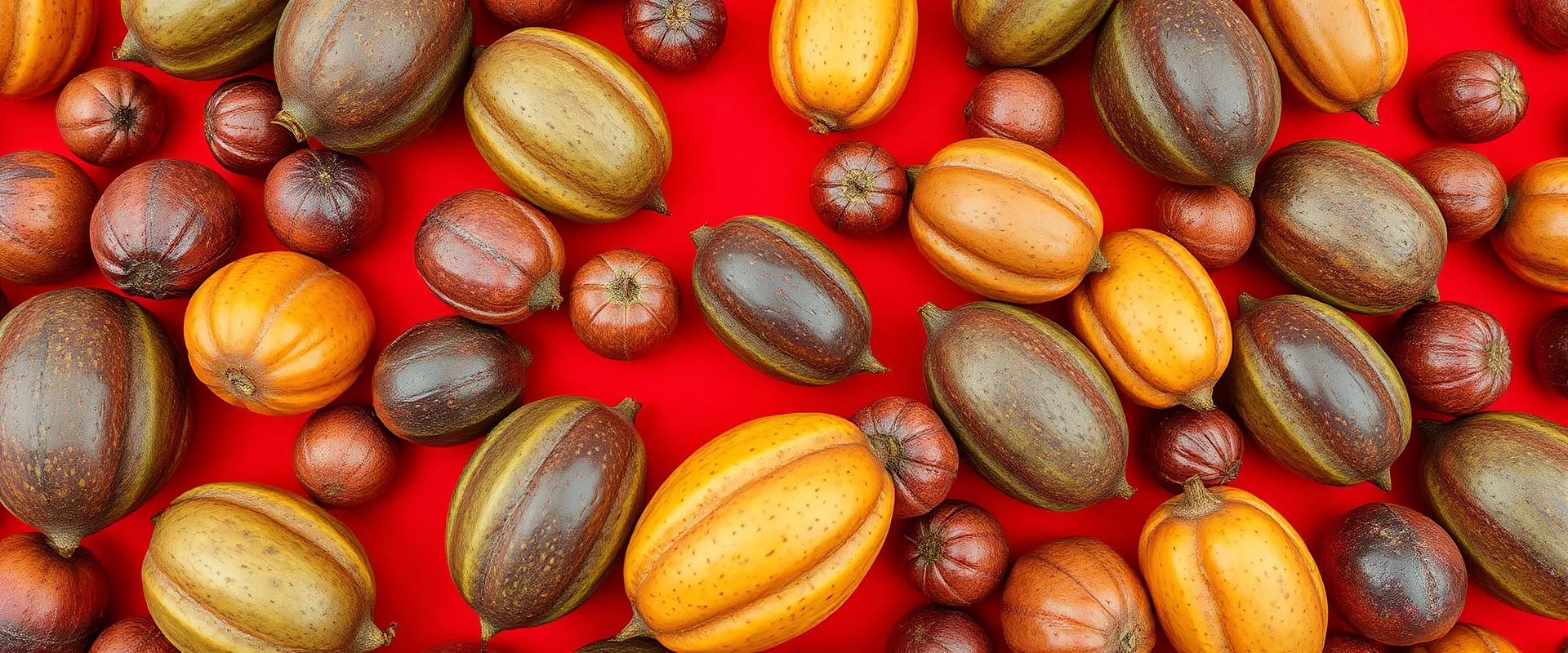 8k 3d realistic seamless pattern multiple various many cocoa and leechee fruits lying everywhere on red coloured cloth - view from upwards