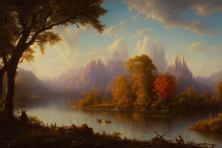  8k, detalied, hudson river school, mountains, river, atmospheric perspective, victorian house