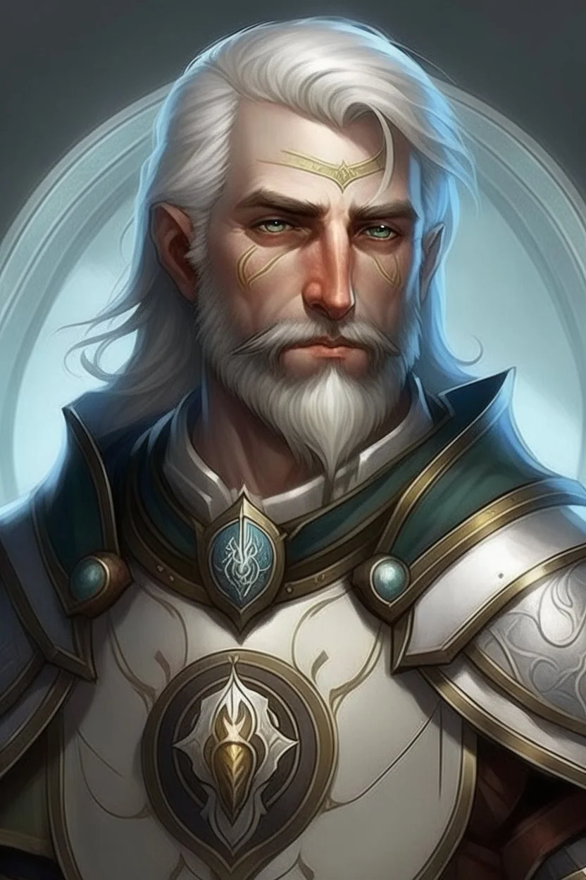 Please create an image for a 30-year old half-aasimar male with silver hair and a short, square beard and blue eyes. He is a cleric of Selune, whose symbol should be placed on the cleric's shield, if visible in the image. The cleric should be wearing either medium or heavy armor, and carrying a warhammer or a mace and a shield