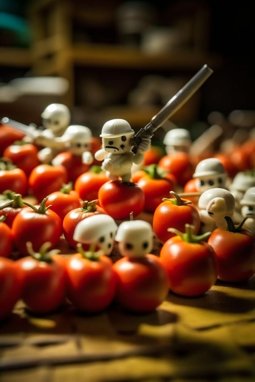 army of marshmallows living angry and armed in a fight with tomatoes