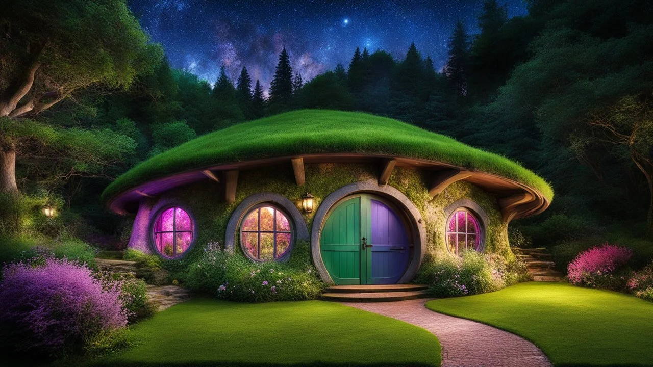 hobbit cottage in the woods surrounded by trees, night, whimsical feel, pinks, blues, purple and green colors, circular hobbit-style door, circular hobbit-style windows, green grass roof, starlight, chiaroscuro, quaint, homely, inviting, LOTR, Tolkien