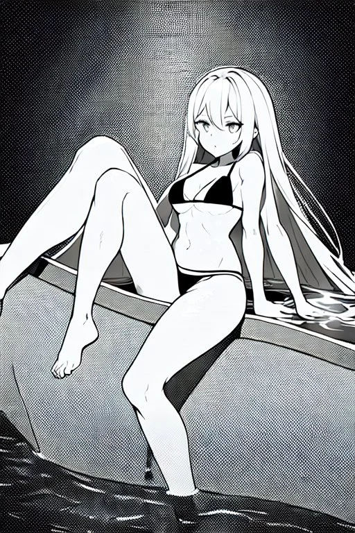 bikini long hair thin girl with leg in abyss pool, greyscale, sexy pose, screen tones