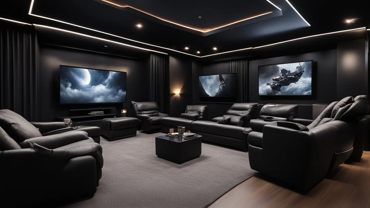 black themed home cinema room, recliners, ambient lighting, warm environment