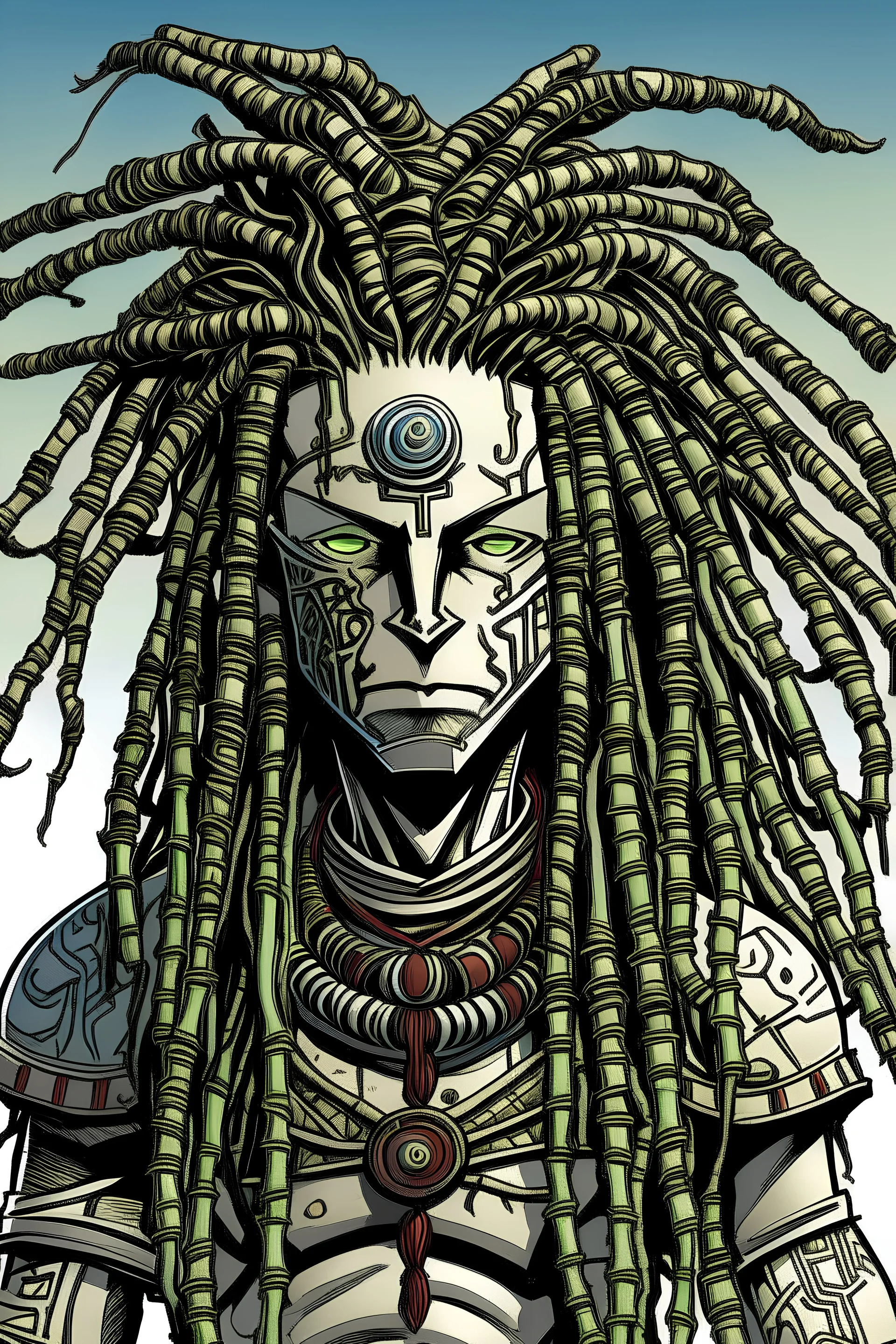 Picture of a white skin superhero with dreadlocks.