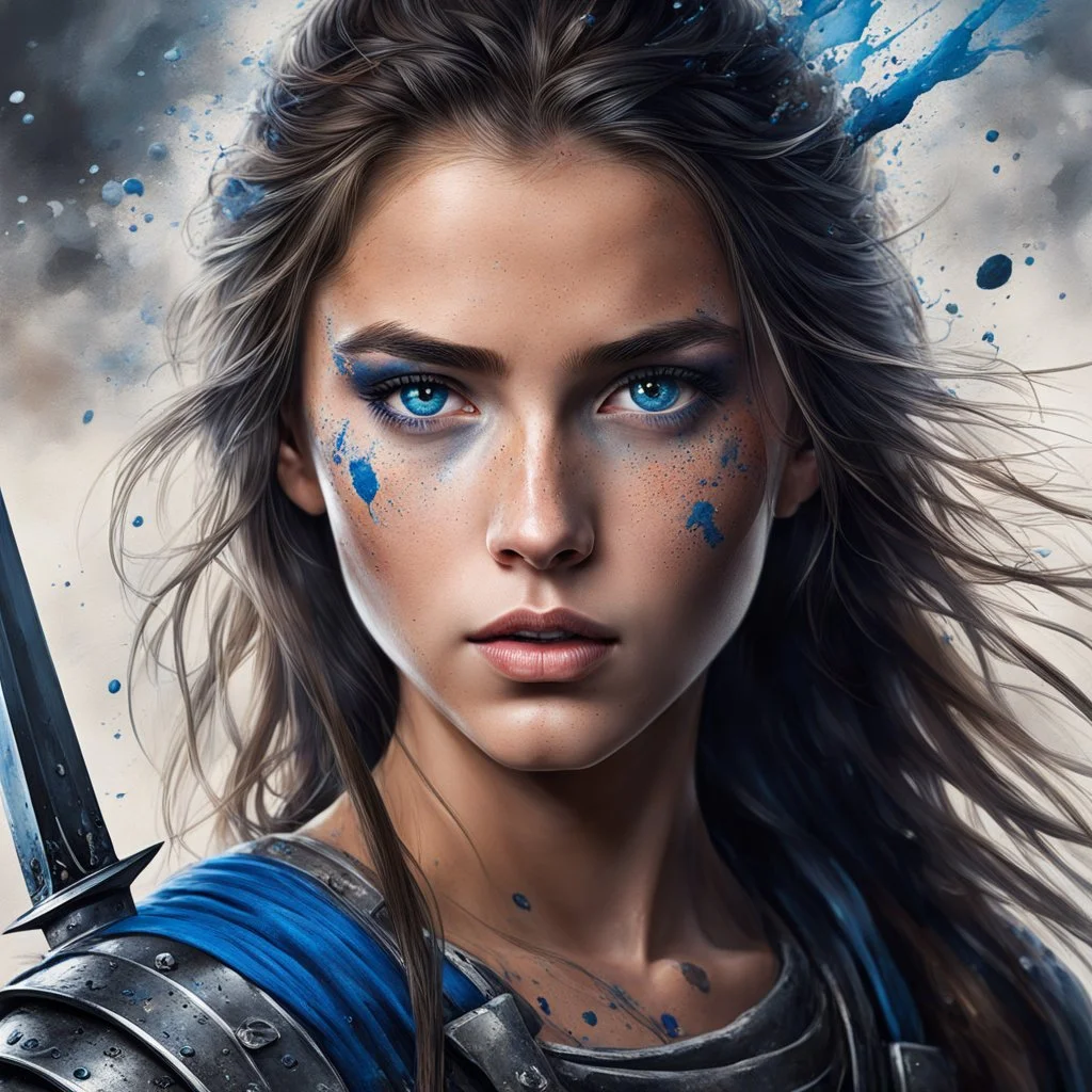 In a riveting display of resilience, a young warrior’s intense blue eyes, awash with the echoes of battle, pierce through the cacophony of war's remnants. Her face, speckled with the freckles of youth and the splatters of conflict, stands as a canvas of courage behind the steel of her raised sword.