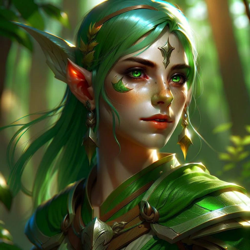 dnd, artistic, illustration, artstation, elf, feywild, bright green hair, green eyes, warrior, portrait