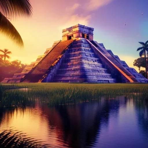 Chichen Itza, sunset, rainbow sunset, waterfall, palms, twigs, spring, sunset rainbow, bridge flying birds, unreal engine 5, cinematic lighting, realistic, hyper detailed, 8k, octane render