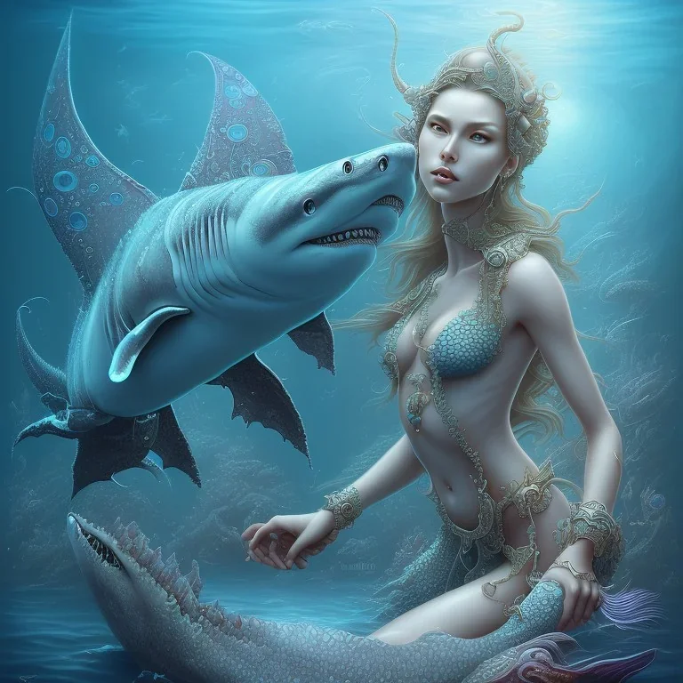 sango fantasy, fantasy magic, intricate, sharp focus, illustration, highly detailed, digital painting, concept art, matte, artgerm and paul lewin and kehinde wiley, masterpiece sexy lips Asian lady fish body mermaid turquoise space lady beach sea under water great white shark mermaid