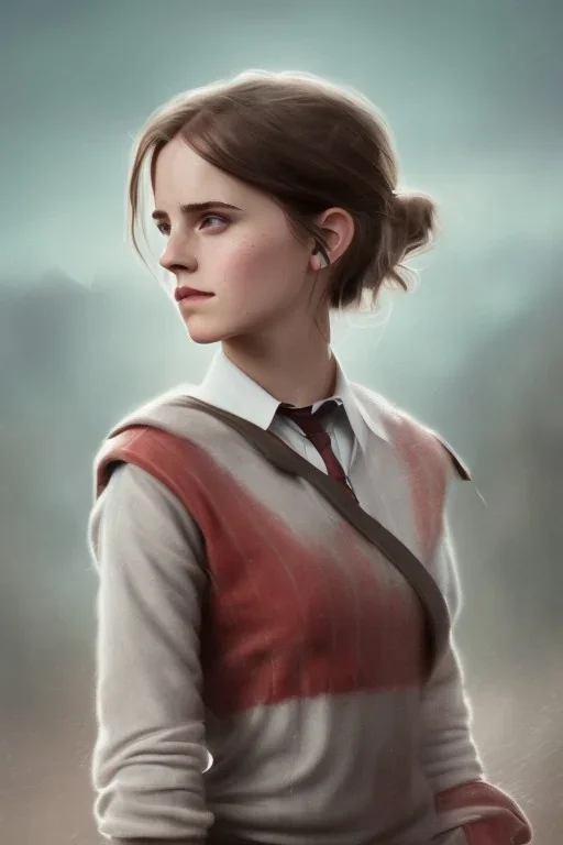 emma watson identify face, Hogwarts uniform , castle in background, pintura, ,details,texture,8k quality, florest, Minimalism, Romanticism, Expressionism, Impressionism