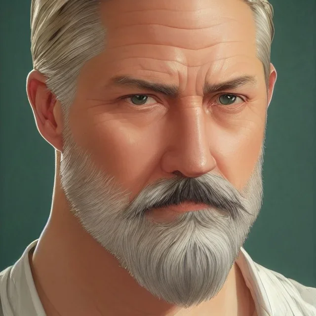 "MIddle aged white human male, with a trimmed but uneven beard, piercing green eyes with slick back hair head and shoulders portrait, 8k resolution concept art portrait by Greg Rutkowski, Artgerm, WLOP, Alphonse Mucha dynamic lighting hyperdetailed intricately detailed Splash art trending on Artstation triadic colors Unreal Engine 5 volumetric lighting Splash art fantasy"