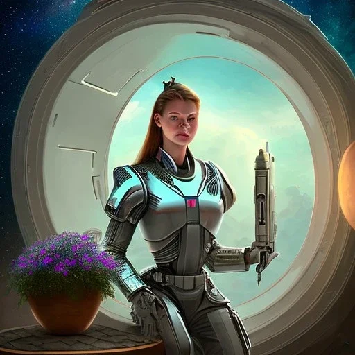 centered portrait of female soldier sitting on throne, wearing no helmet, by a starship window with hanging pot plants and a view to the milky way, hi detail, book cover illustration