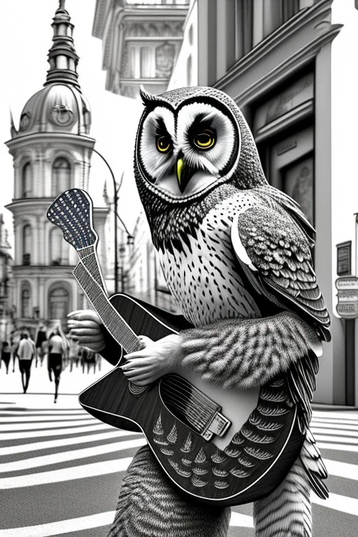 One single mature owl, playing guitar in the street , Vienna, friendly, sunny day, model style, hyper realistic, extremely accurate, delicate, extremely detailed, Graphic novel style, wide-angle, open aperture, superfine pencil