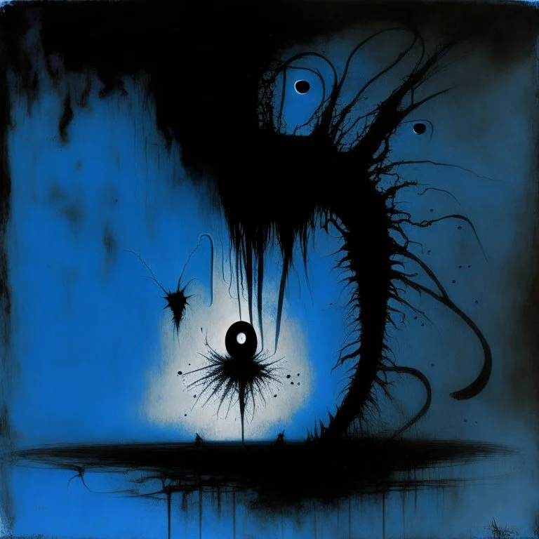 By Stephen Gammell and Joan Miro and Dr. Suess, dark noir macabre album cover illustration, a brood of nightmares, black and midnight blue with subtle red undertones, Eldritch Principles, bizarre composition, dark uv light, composite art style for an album cover, concept art, sfumato, dynamic composition