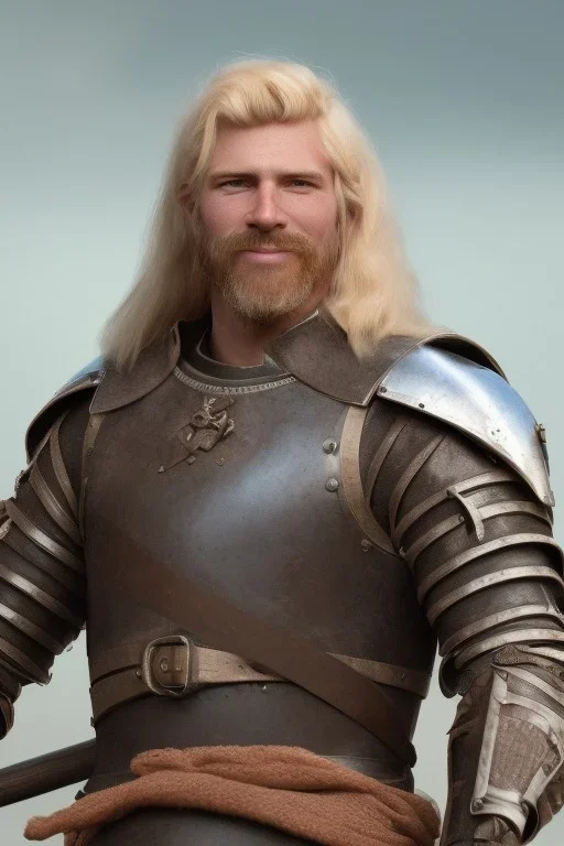 strong medieval men warrior with blond short hair, blue eyes and wide warm smile with an axe with green and brown clothes