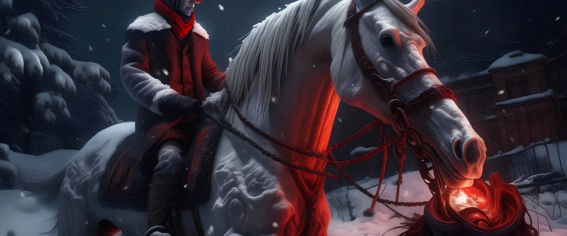 victorian era, a dead horse buried under the snow, its rider bead by its side, also covered in snow. strange red alien moss with tentacles cover the horse, it is an alien organism feeding on the horse remains, Victorian street on fire . Apocalyptic, epic, photo-realistic, widescreen, cinematic, epic, like a movie