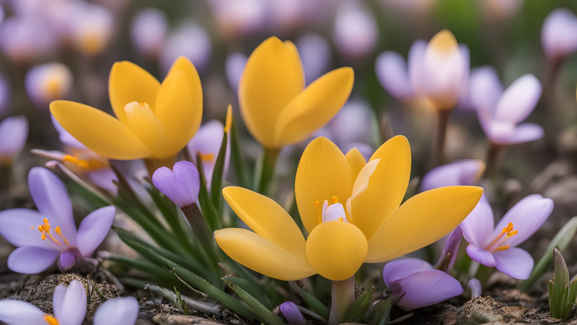 blooming yellow crocuses in the garden, blossom, spring flower macro, beauty in nature,