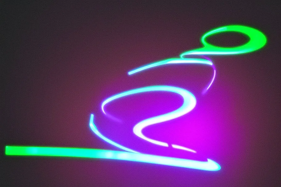 black background, outlines of a holographic question mark drawn from thin neon-coloured glowing lines