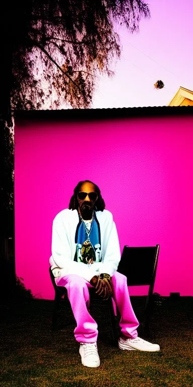 Snoop dogg, sitting. a chair. pink houses, pink sky, pink smoke, trees, outdoors. Groove street. 28mm