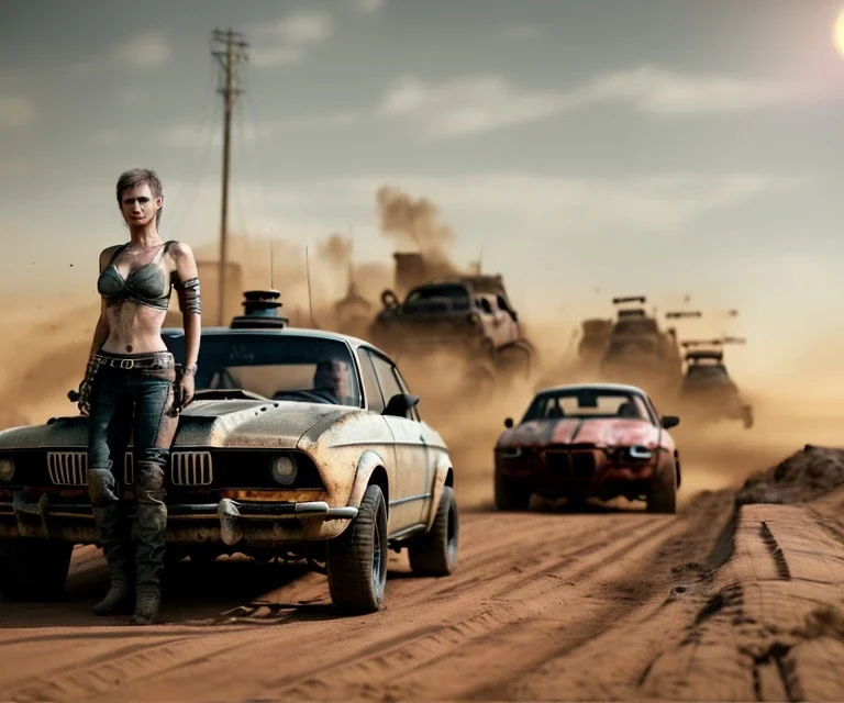 Realistic image. Mad max car. BMW 4 series, 2023 version. One woman standing in front of car. 4k resolution, intricate details, ornate details, soft lighting, vibrant colors, mad max background