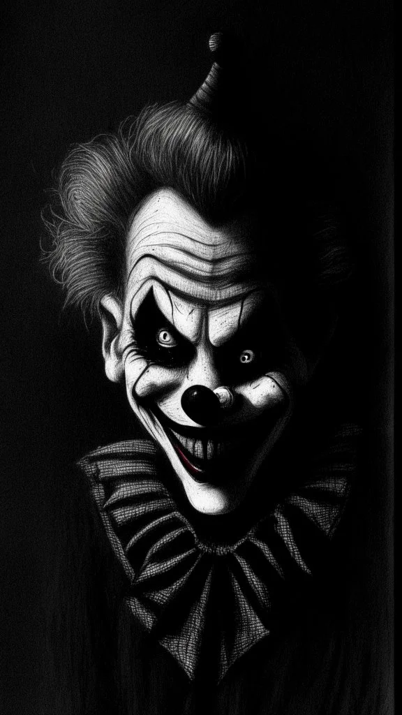 pencil drawing of clown, Spooky, scary, halloween, black paper