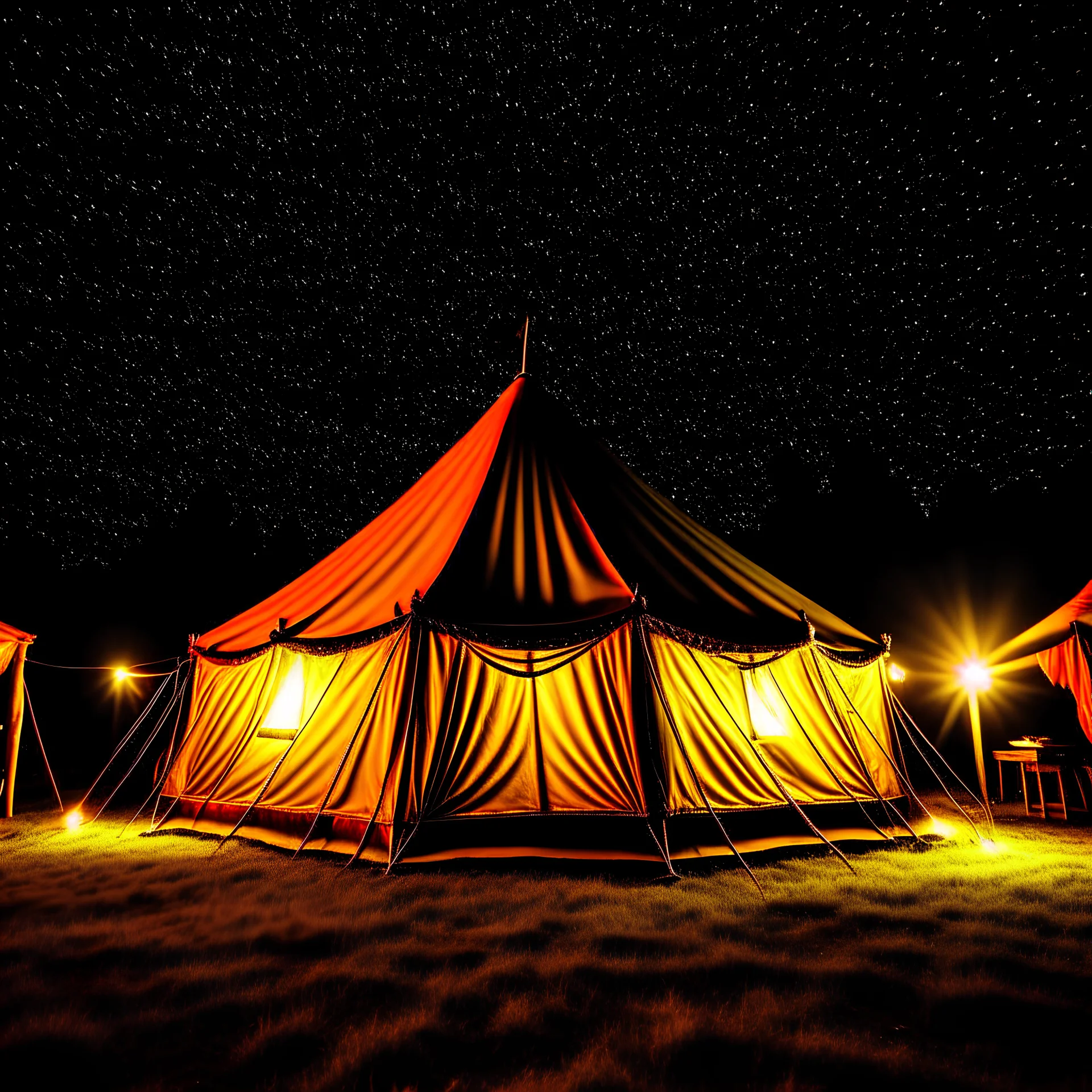 The tent was lit up under the stars.