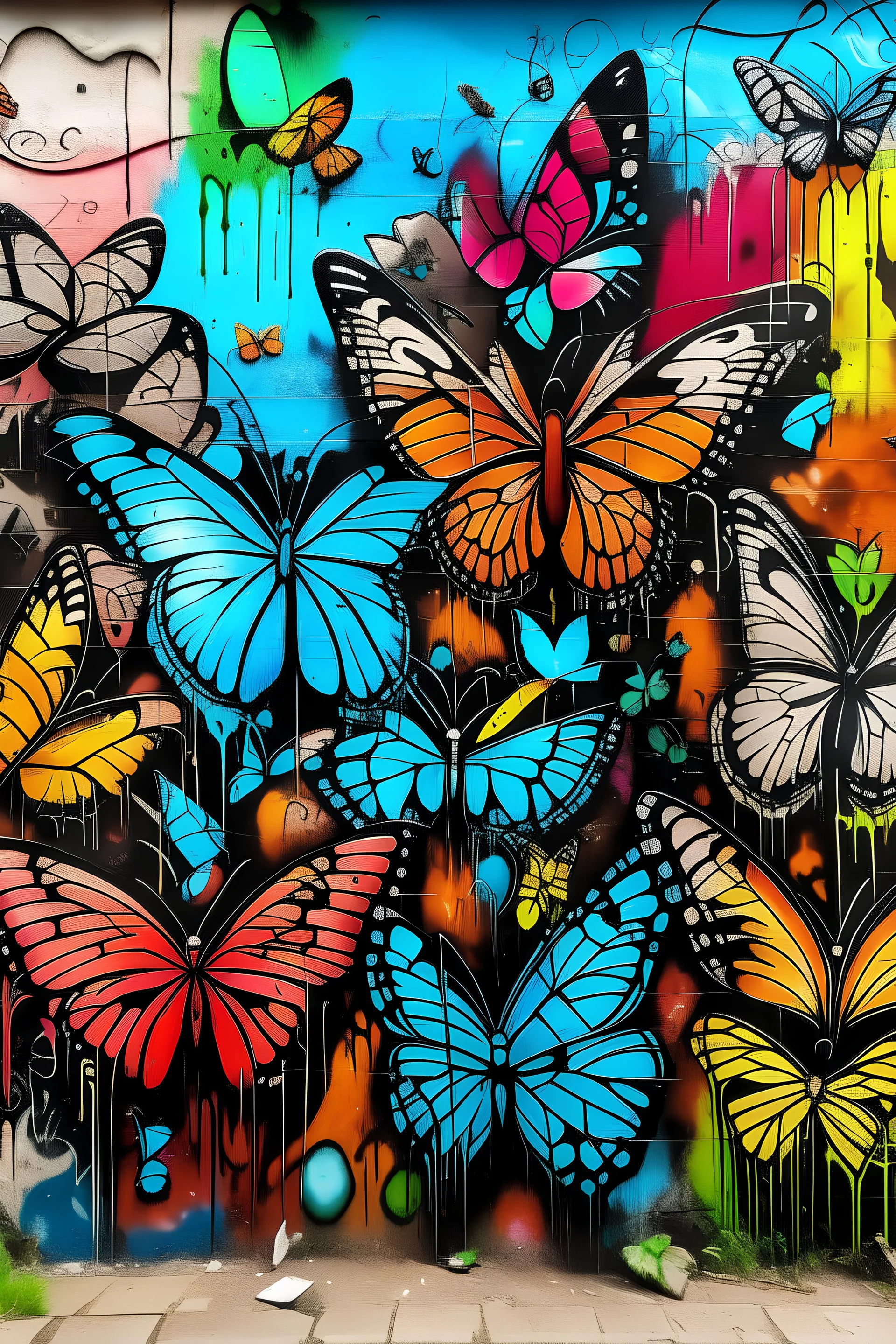 raw graffiti art of butterflies and random derogatory words and obscene symbols on a vibrant wall with abrasions