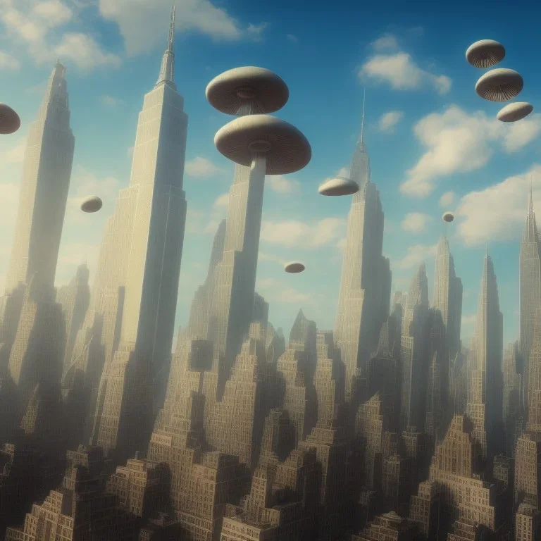 New york 3D blender full lenght with big flying mushrooms in the sky and tall towers