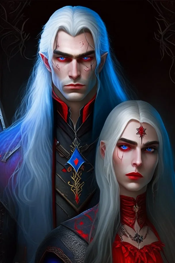 A couple, from the dnd game curse of Strahd. The woman has long white hair and blue eyes, the man has LONG BLACK hair and red eyes, no facial hair. He is standing protectively behind her.