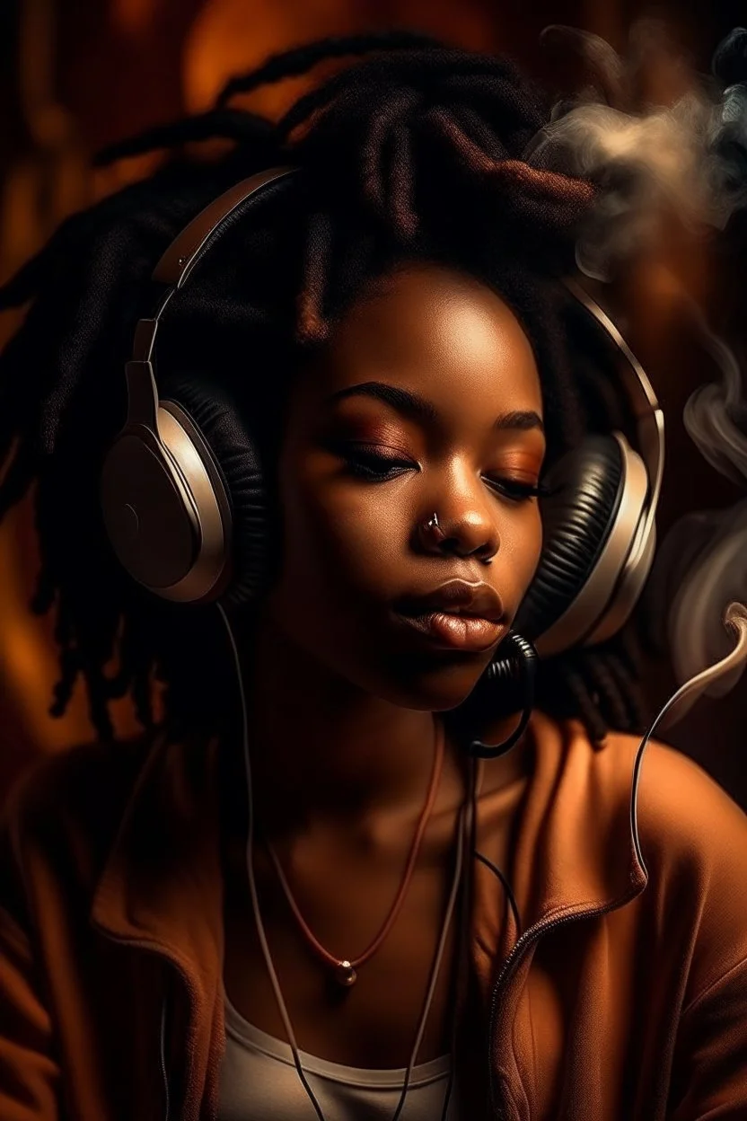 earthy black young woman listening to music with headphones, soul, peace, majestic, earthy colours, at peace, happy, incense, jewels, bands, natural, old school headphones, blasian, incense, no epicanthal folds, darker skin tone