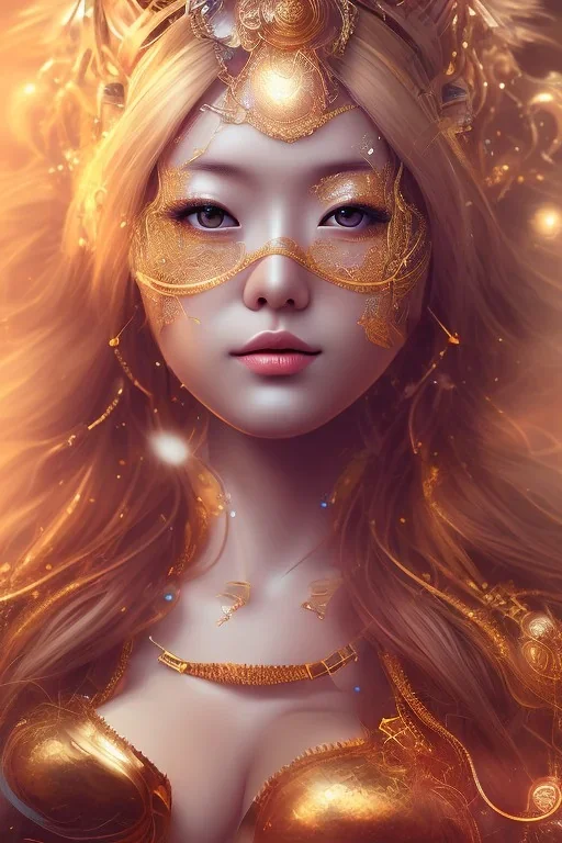 a wonderfull japanese woman, curves, hitomi tanaka busty, robotic, golden long hair, hair covering one eye, ultradetailed fine art photo of a indian, weet face portrait, snow flakes particles, 8 mm len