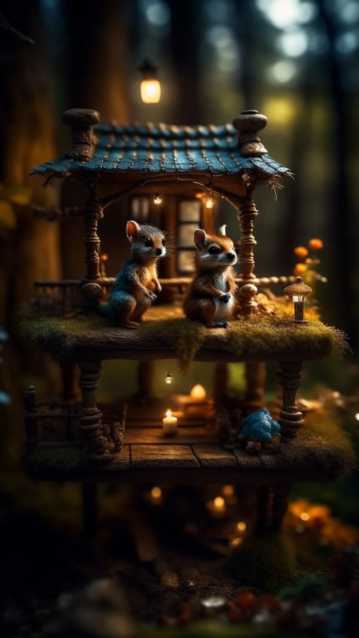 magazine cover with black border, portrait of sleepy dog bug squirrel couple in a tree house in wonderful enchanted magical forest by river,bokeh like f/0.8, tilt-shift lens 8k, high detail, smooth render, down-light, unreal engine, prize winning