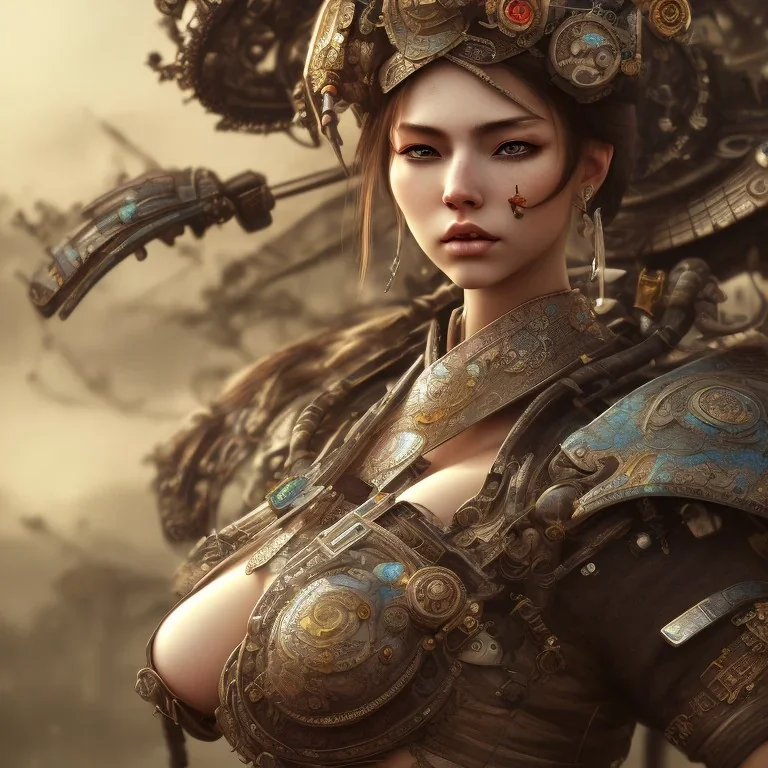 full portrait of samurai gaspunk,big breasts, high detail, volumetric lighting, tiny features, intricate detail,volumetric clouds