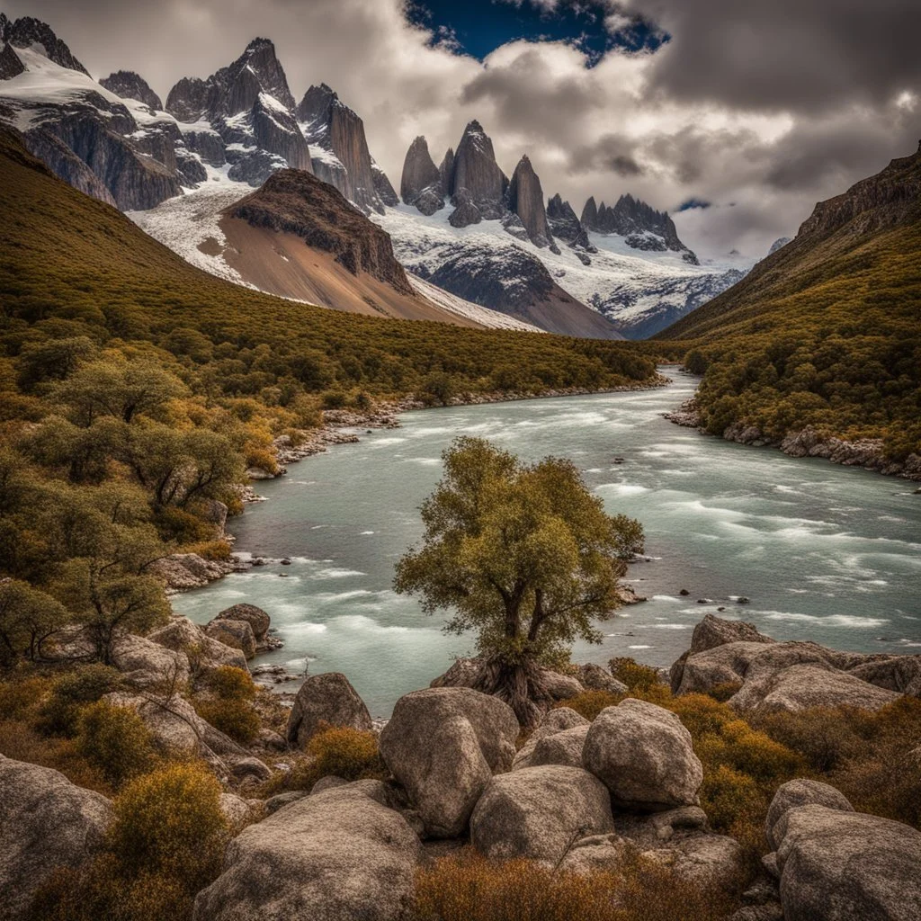 Los Glaciares National Park, Patagonia, Argentina, peaks with snow, river in th deeb canyon detailed trees with detailed branches an leaves and stones with moos in the foreground, phototralistic, summer, multicolors, blue sky with fluffy clouds, side view, from the top of a peak