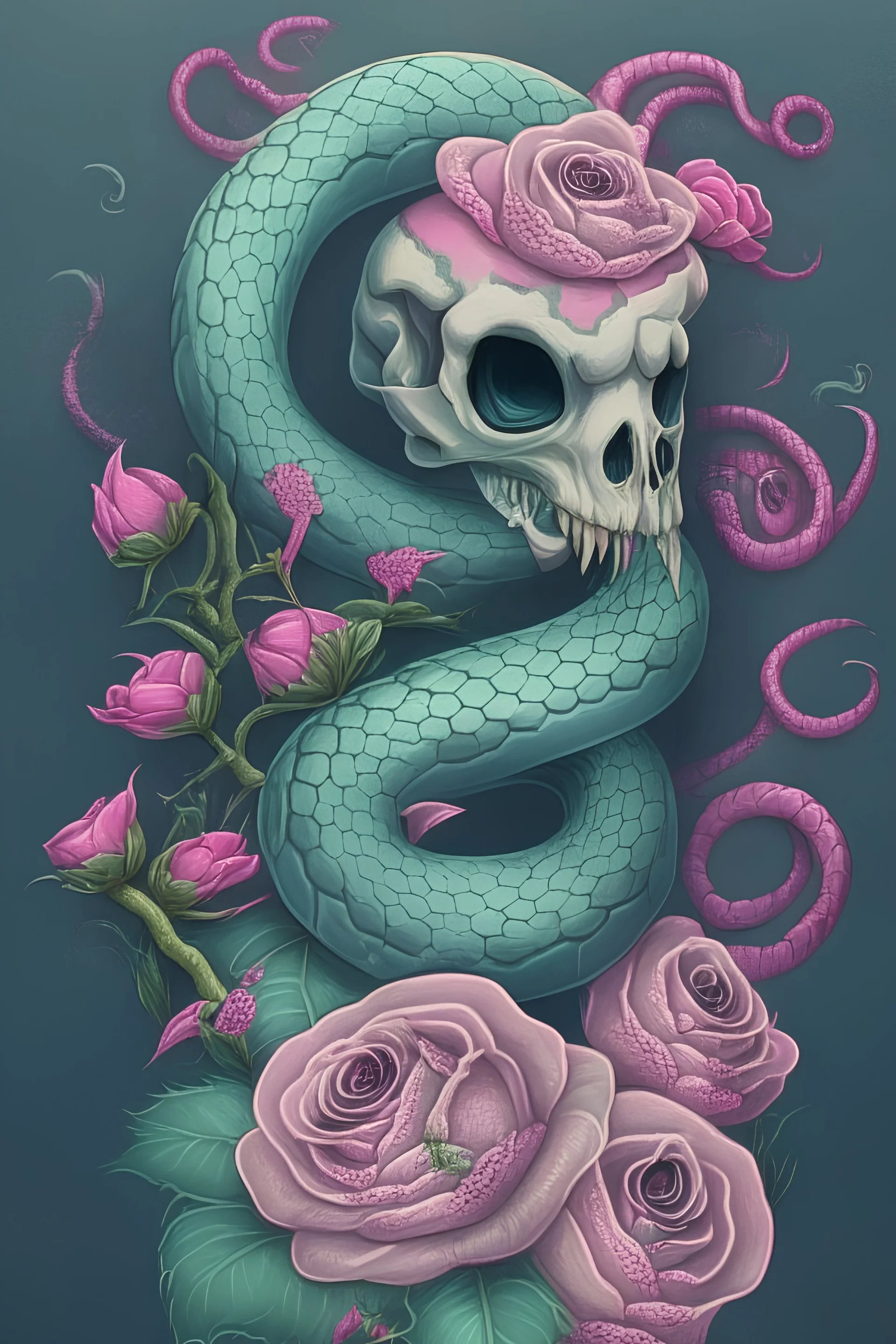 Kawaii Pastel Goth Cute Creepy Skull Serpent Snake Roses high detailed, 4k resolution, digital paiting, cute, art, no background