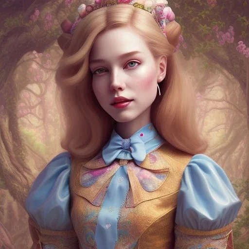 "Alice in the wonderland",dressing Disney style,hairstyle Disney style, detailed eyes, Realistic lighting,elegant,sarcastic smile, by Chie Yoshii,Brian Kesinger,Gediminas Pranckevičius,Kilian Eng,reg Rutkowski