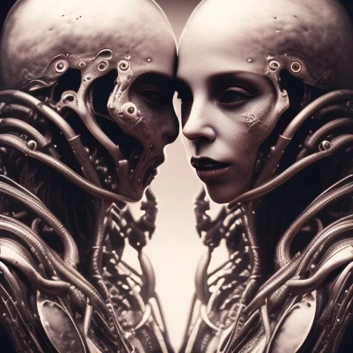 two viking girls kissing each other, hr giger, scary, steam punk, realistic, made in octane, cinematic, ultra-realistic, extremely detailed octane rendering, 8K, VRAY Super Real ar 2:3, dof photorealistic futuristic 50mm lens hard lighting dark gray tintype photograph, realistic lighting, sepia color