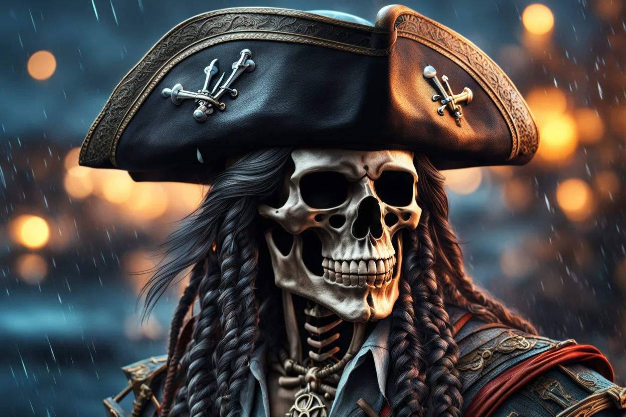 Skeleton pirate in 8k realistic cgi drawing style, spectrum theme, sea, Storm, close picture, rain, neon, highly detailed, high details, detailed portrait, masterpiece,ultra detailed, ultra quality