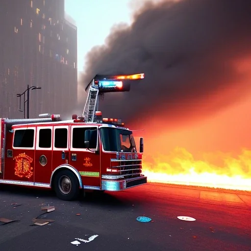 burning building, city, firetruck, run down, graffiti, vandalized, day time, destroyed buildings , unity, scriptable render pipeline , lighting , volumetric , global illumination, skybox , foggy .