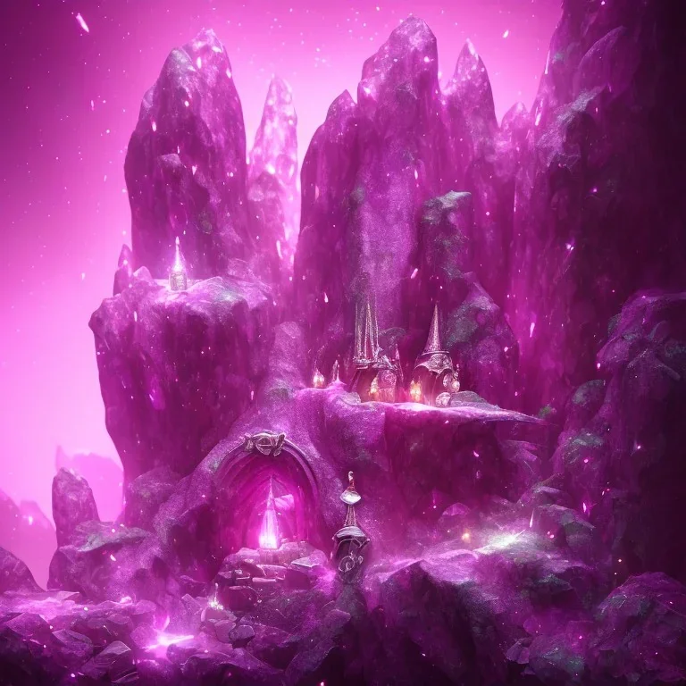 single pink crystal, on an altar in a foggy cave, cinematic,