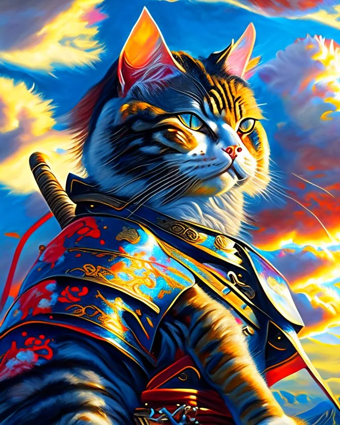 Gato Samurai cuerpo completo pintura al óleo hiperdetallado colores contrastantes cielo soleado 8k