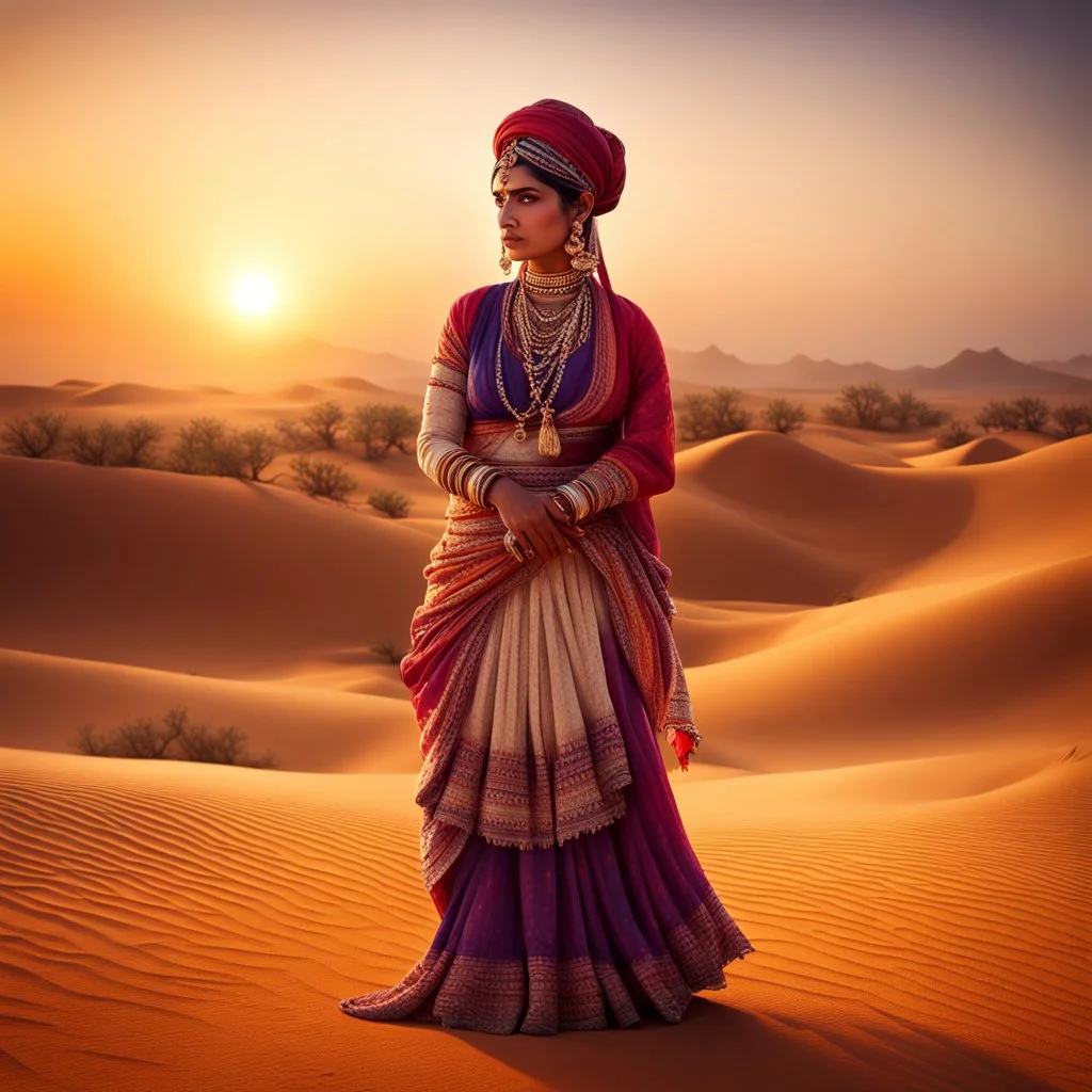 Hyper Realistic Photographic View Of Rajasthani Woman With A Traditionally Rajasthani Attire Standing In A Desert Dramatically Looking At Sunset showing dramatic & cinematic ambiance.