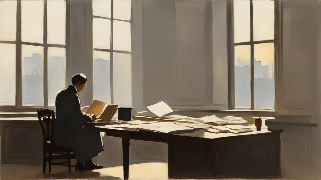 Intimate Viennese interior, 1913, late afternoon light filtering through tall windows, a single figure seated at a desk, papers loosely arranged, a book left open but unread, dust motes visible in the light, muted warm-grey palette, soft shadows, calm facial expression suggesting intense inward thought, atmosphere of suspension and unchosen possibility, modernist realism, restrained emotion, quiet intellectual intimacy