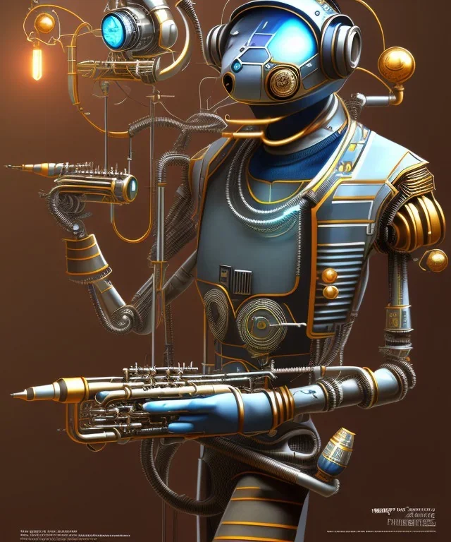 happy mechanoid person playing jazz with a steampunk theme, realistic