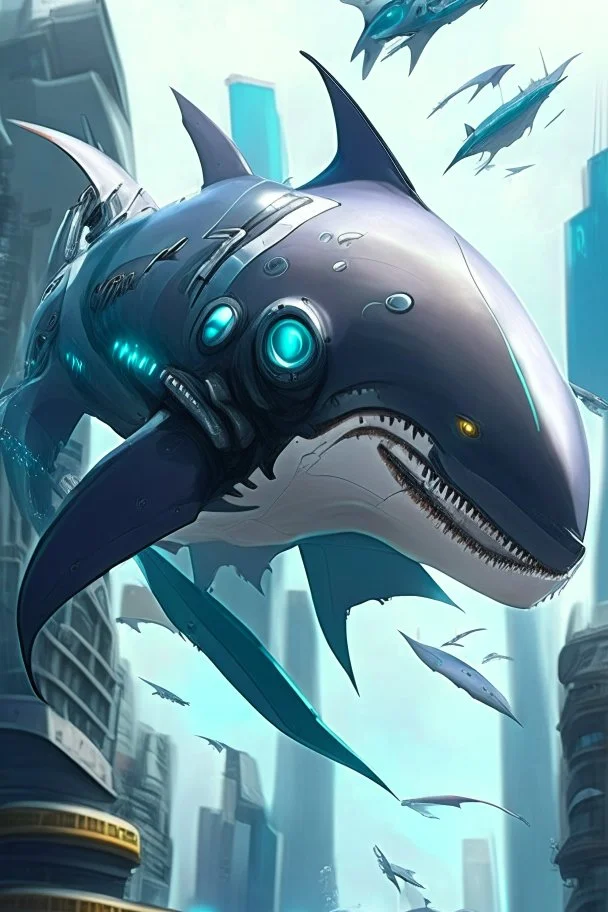 a picture of cyber shark that is flying in the city, cyborg whale, anno 2070, modern mecha anime, aeromorph, stunning sci-fi concept art, male robotic anthro orca, robotic anthro dolphin, cgsociety ), mecha anthropomorphic penguin, from arknights, cool mecha style, futuristic art style, mecha art