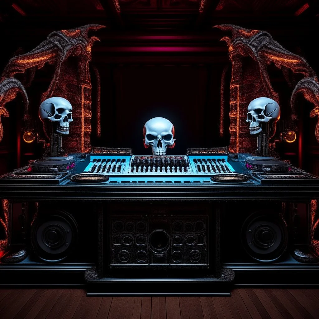 DJ of the damnded, insanely detailed DJ booth in hell, MID set, speakers and equipment made of bone, anatomically correct, add more skulls in th audience, photorealism, vray, 8k 3d https://stablecog.com/generate?o=a67b60e0-edd2-418d-9744-d1d585055d7f